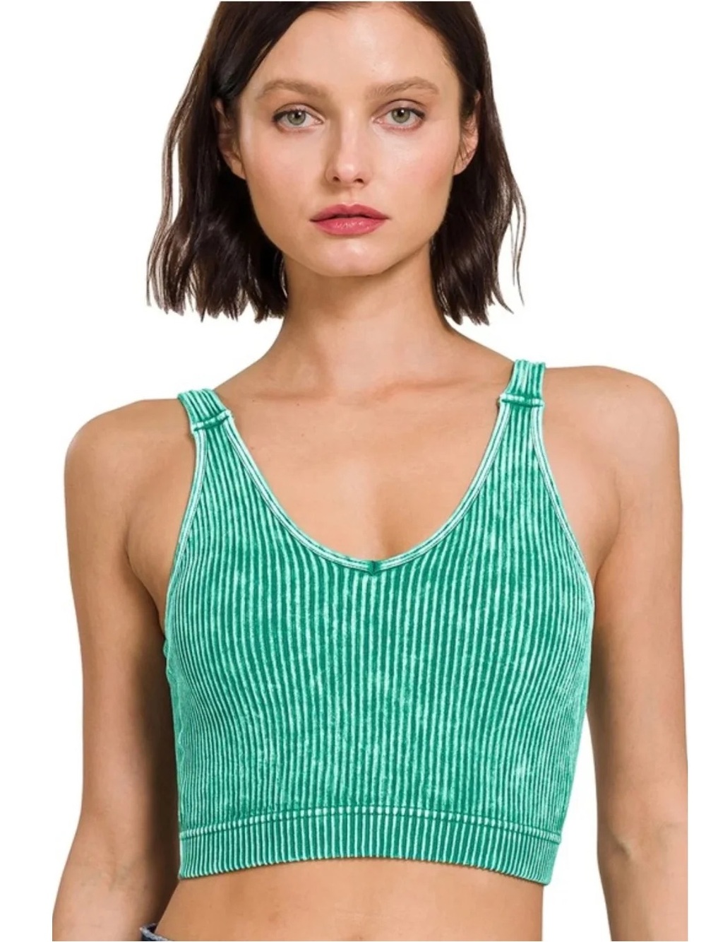 Green Ribbed V-Neck Crop Tank Top Sports Bra- Women